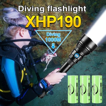 Погружение 1000 м XHP190 Профессиональный фонарик для дайвинга, перезаряжаемый фонарь для дайвинга, подводный фонарь IPX8, супер водонепроницаемая лампа