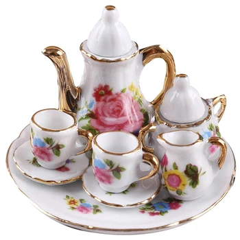 1: 12 Миниатюрный Фарфоровый набор чайных чашек, Керамическая посуда, чайник, Аксессуары для кукольного домика, Декор для кукольного дома