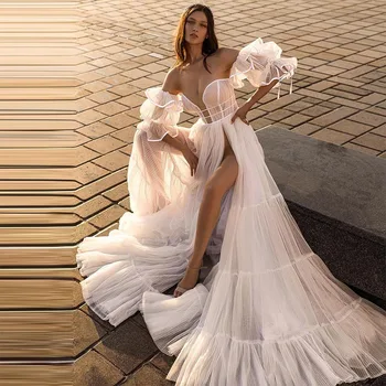 Sevintage Современные Свадебные платья с разрезом по бокам, V-образный вырез, пышные рукава, складки, рюши Свадебное платье Трапециевидной формы, Свадебные платья Принцессы