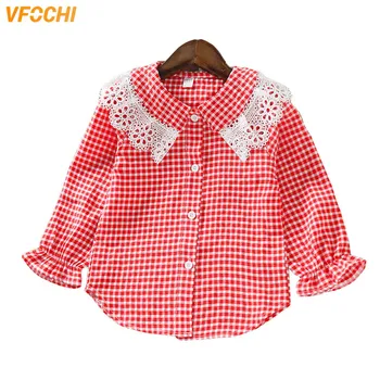 VFOCHI /новинка 2021 года, блузка для девочек, Детские топы, рубашка с длинными рукавами и клетчатым кружевным воротником для девочек, Детская одежда, футболки для девочек-подростков